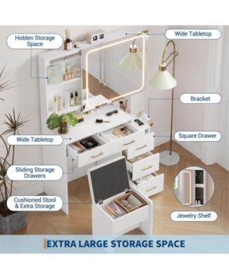 Vanity Desk with Mirror and Lights, Makeup Vanity Set with 5 Drawers, Stool, Power Outlet