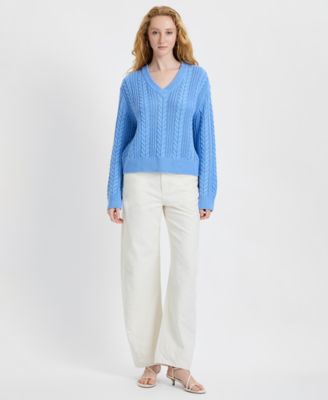 Women's Ryland Blue Cable Knit V-Neck Sweater