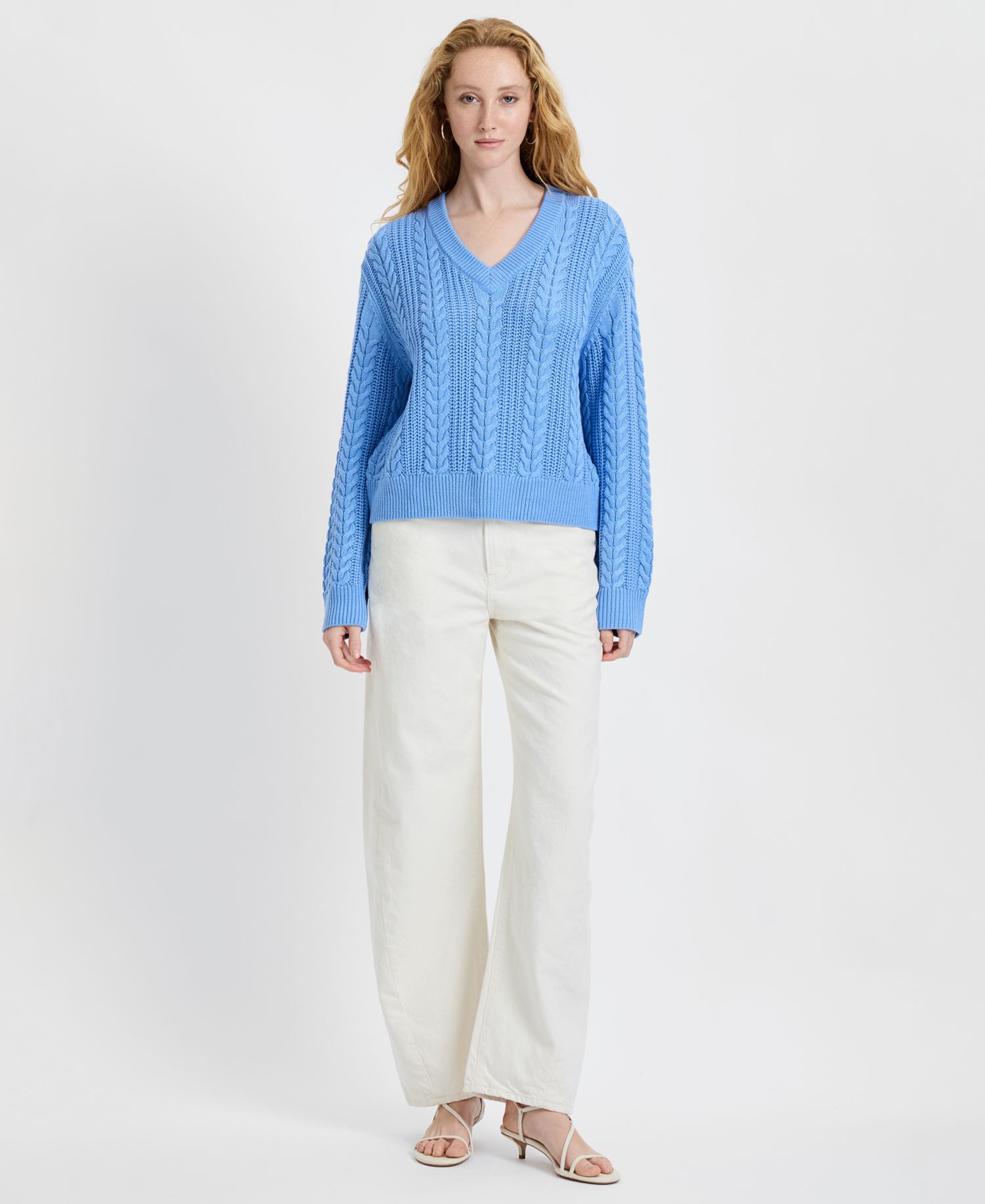 Women's Ryland Blue Cable Knit V-Neck Sweater