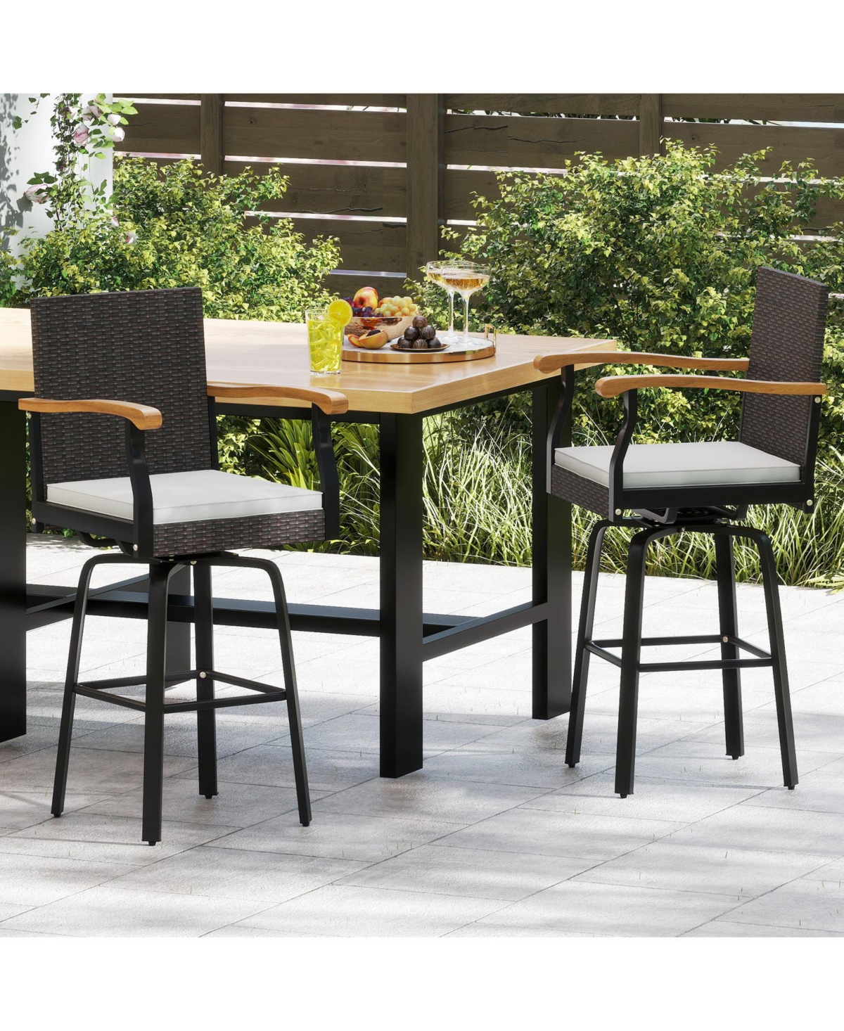 Slickblue Patio Swivel Bar Stool with Acacia Wood Armrests and Cushion