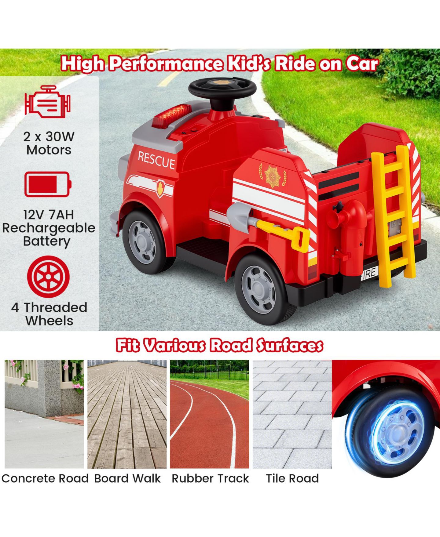 Детская игрушка HONGGE Electric Fire Truck Ride-On with Remote Control, 34"L x 19"W x 20.5"H, Ages 3+, цвет: Красный — фото 7