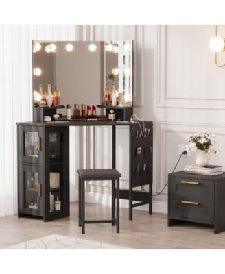 Corner Vanity Desk LED Lighted Mirror Charging Station and Storage Cabinet for Bedrooms, Apartments, Easy to Assemble