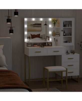 Large Makeup Vanity Desk Mirror LED Lights Charging Station Stool Drawers and Storage Shelves for Bedrooms, Apartments