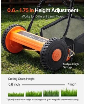 16" Push Reel Lawn Mower, 5-Blade Manual Mower, 0.6–1.75" Adjustable Cutting Height, Includes Grass Catcher Bag