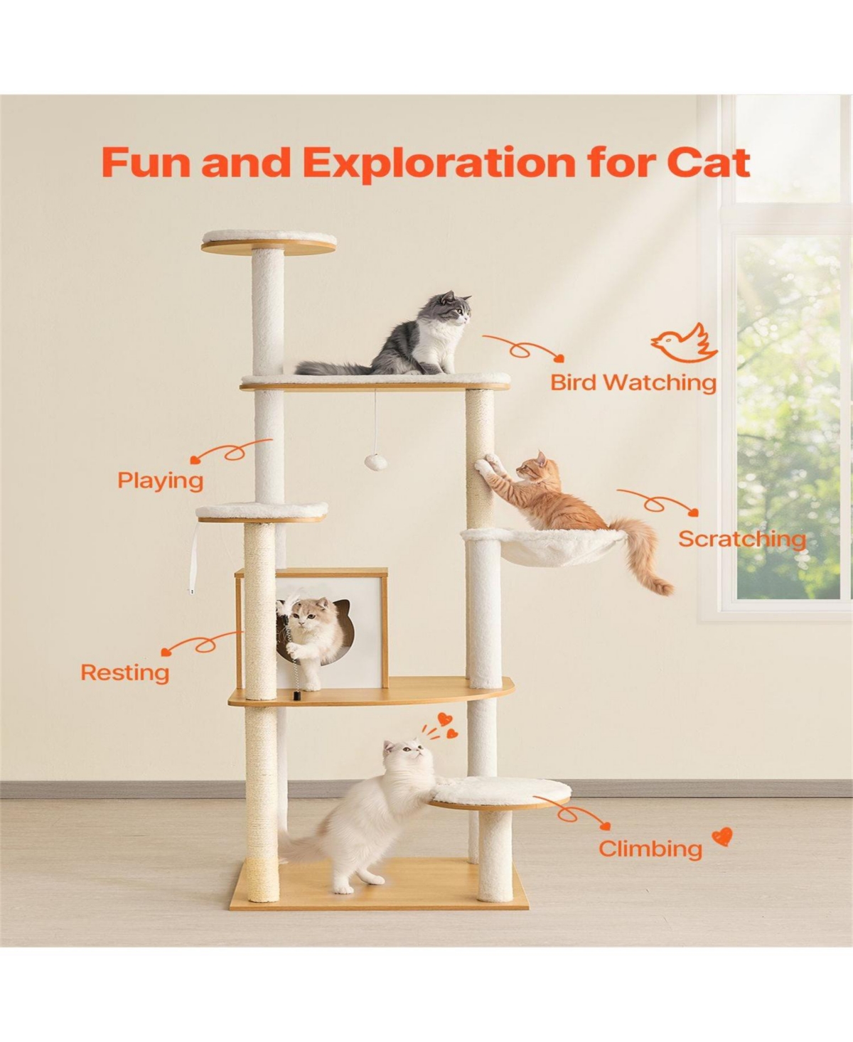 Aostirmotor 68.9"Tall Multi-Level Cat Tree with Cat Condo in Natural
