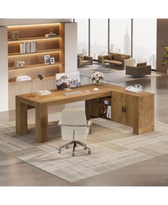 L-Shaped Executive Desk, 78-Inch Office Desk with Storage Cabinet and 2-Tier Shelf, Large Wooden Computer Writing Table