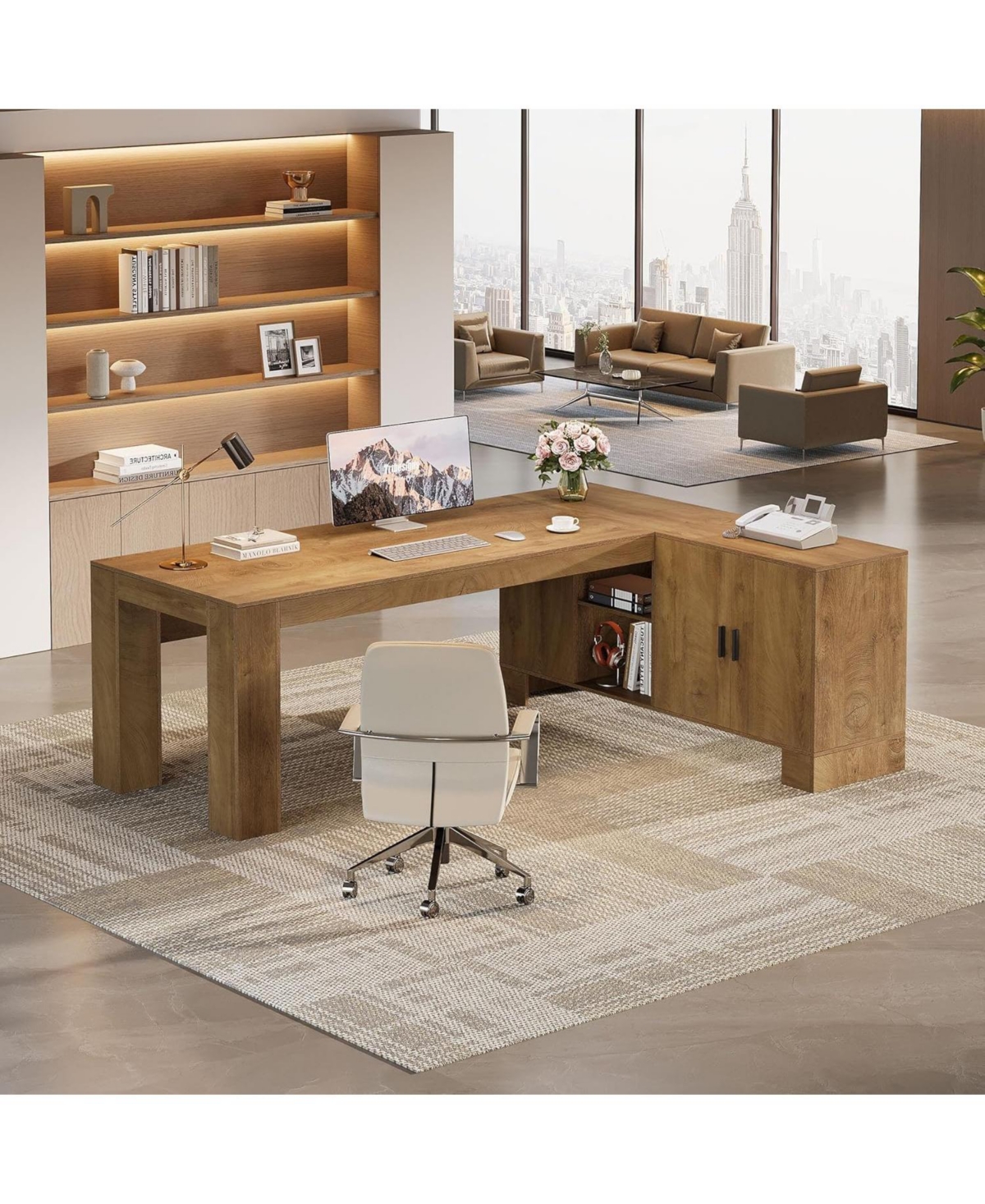 Tribesigns L-Shaped Executive Desk, 78-Inch Office Desk with Storage Cabinet and 2-Tier Shelf, Large Wooden Computer Writing Table