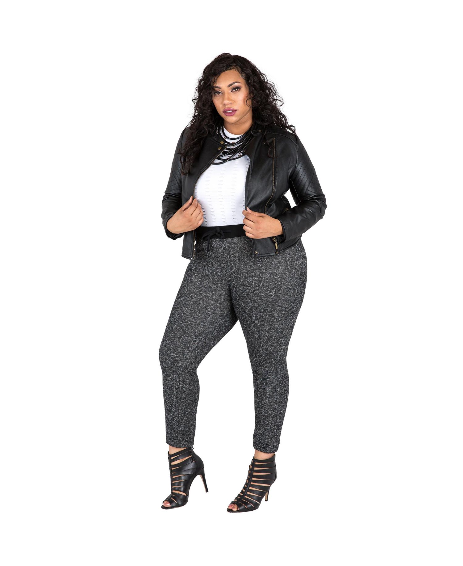 Plus Size Curvy Black Marled Yarn French Terry Jogger Pants