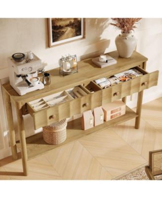 Console Table with 2 Drawers, 55-Inch Fluted Entryway Table, Modern Narrow Sofa Table with Open Shelf, Accent Console Furniture