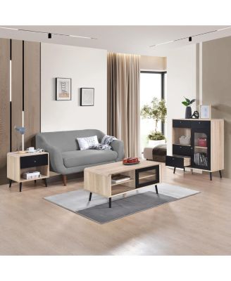 Nathan Side End Table with Drawer Open Shelf, Bedroom Bedside Nightstand, Oak/Black