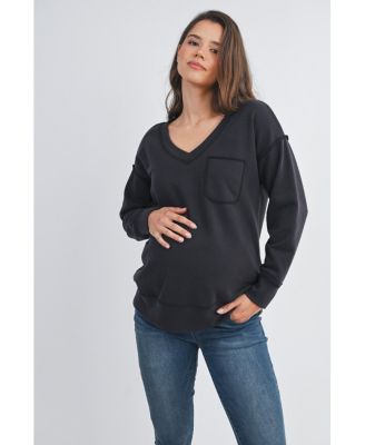 Maternity V Neck Long Sleeve Front Pocket Sweatshirt