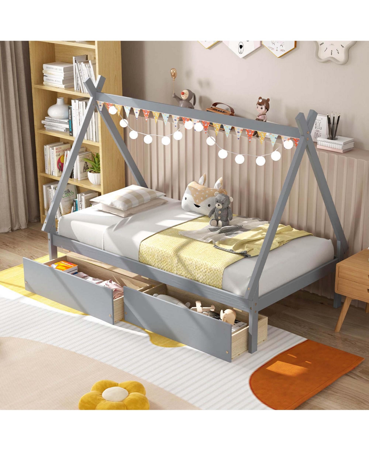 Costway Twin Wooden House Bed with 2 Drawers Roof Storage for Boys & Girls