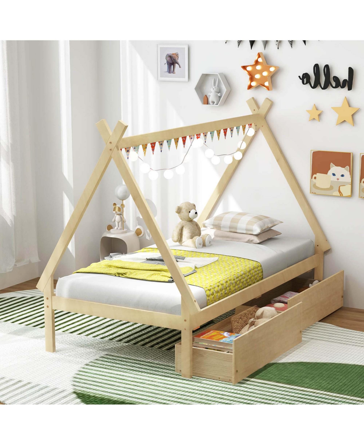 Costway Twin Wooden House Bed with 2 Drawers Roof Storage for Boys & Girls