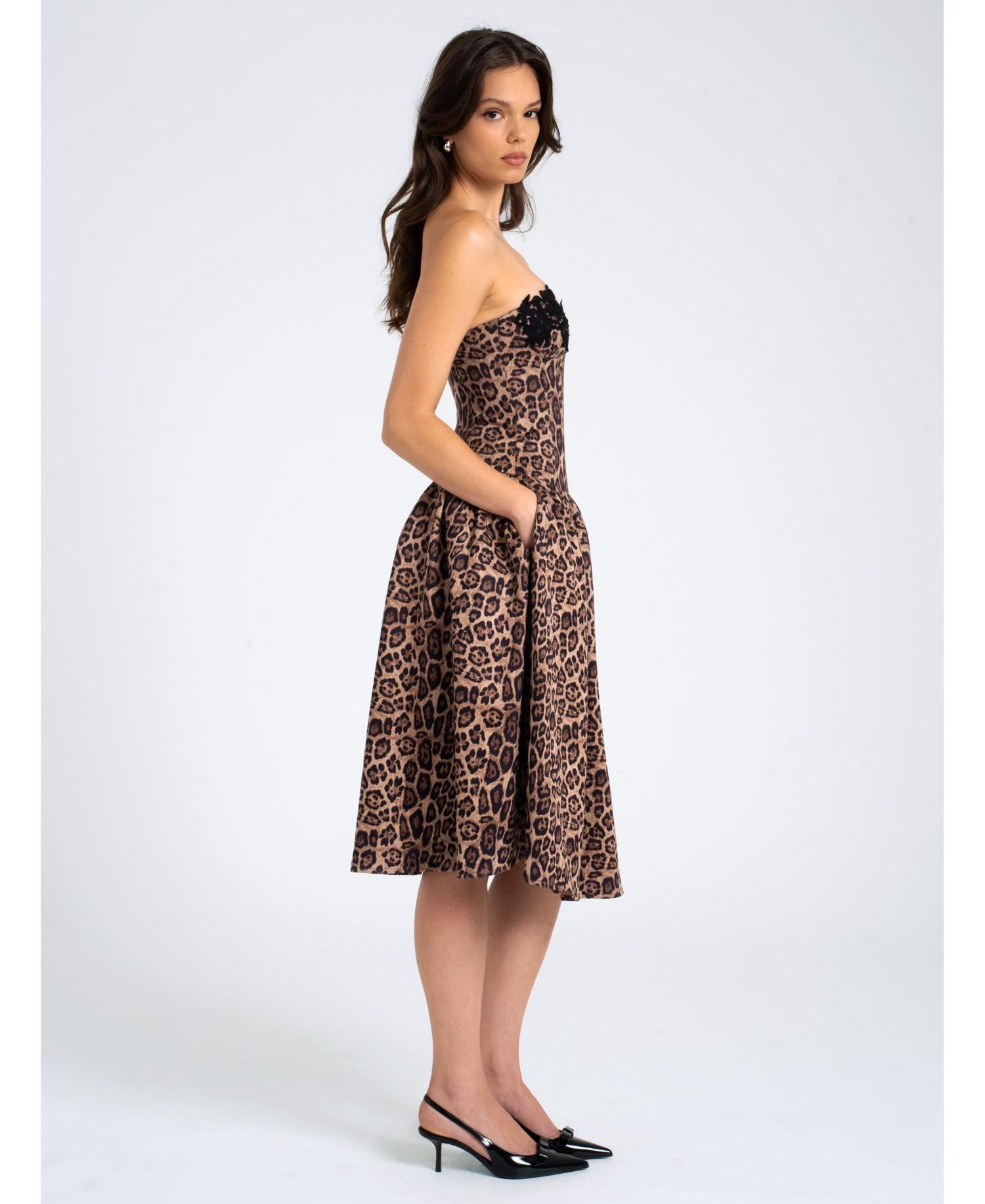Women Uchenna Cheetah Print Stretchy Strapless Midi Dress with lace trim