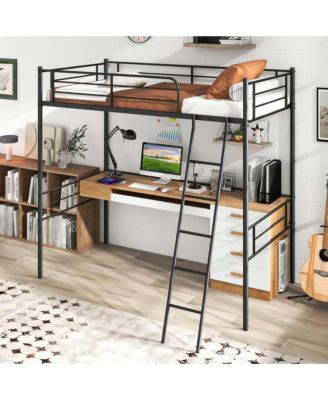 Twin Size Metal Loft Bed Single Loft Bunk Bed with Full-Length Guardrail