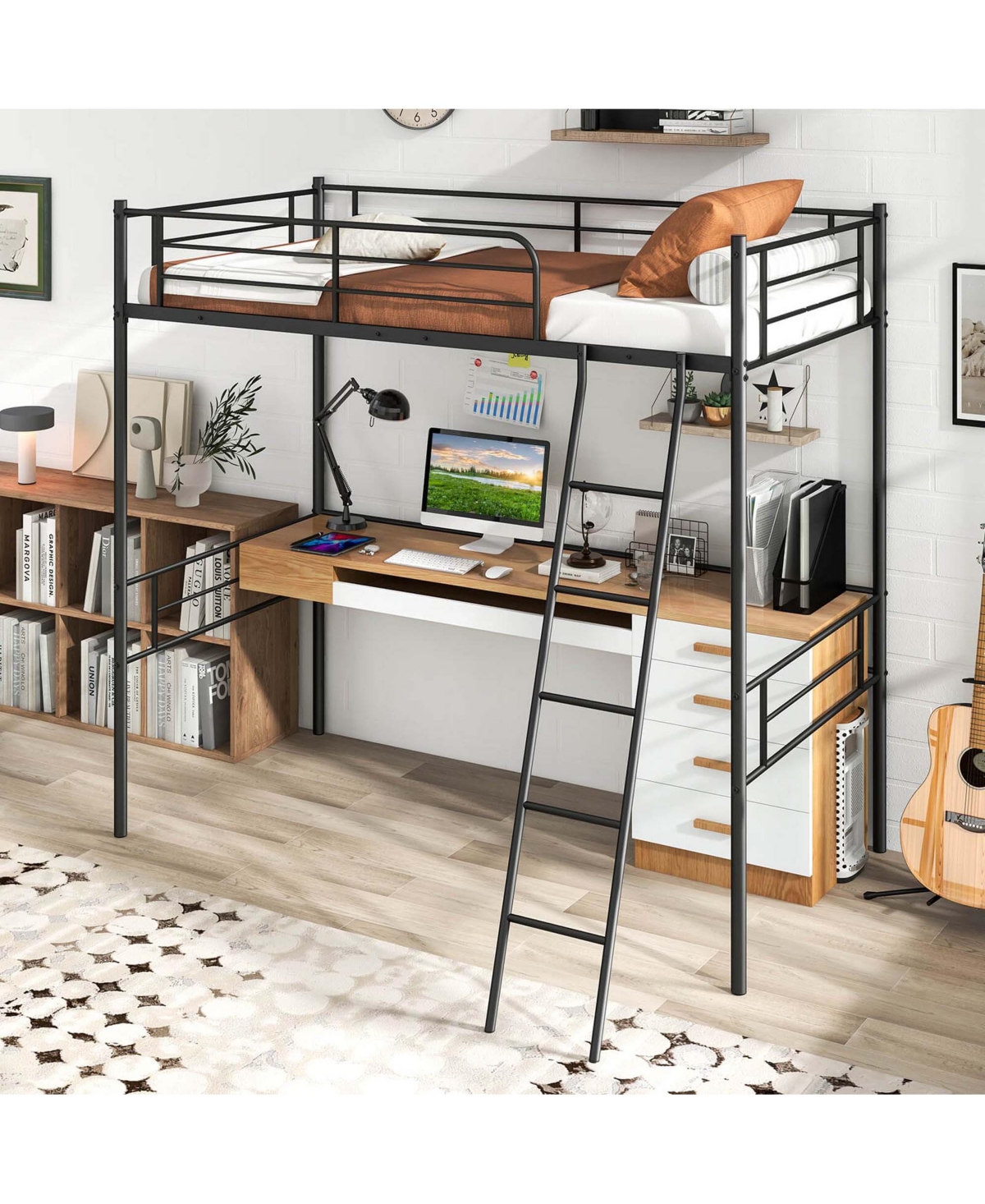 Costway Twin Size Metal Loft Bed Single Loft Bunk Bed with Full-Length Guardrail