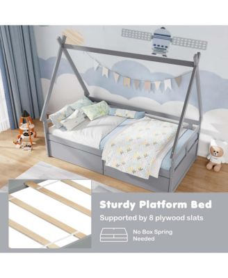 Twin Size House Bed with Roof Safety Guardrail 2 Storage Drawers Wood Slat Support