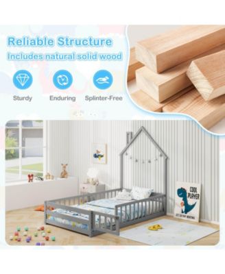 Twin Size Montessori Floor Bed for Toddler with Lockable Door Full-Length Guardrail