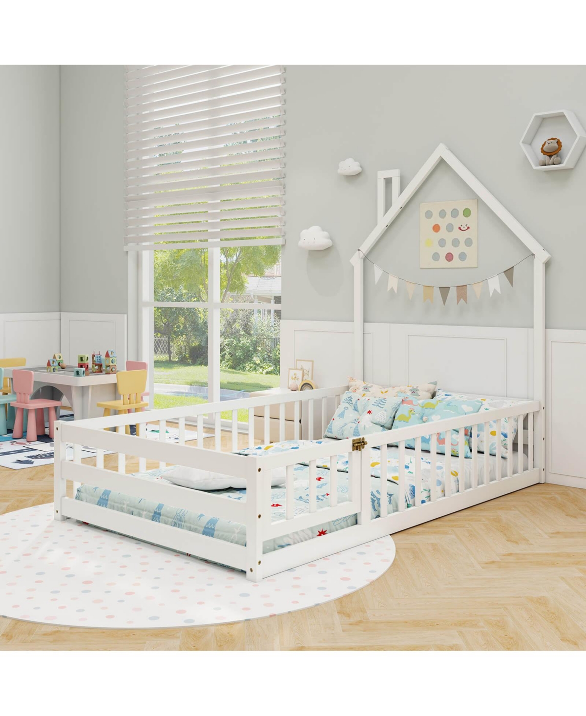 Costway Twin Montessori Floor Bed for Toddler with Lockable Door Full-Length Guardrail