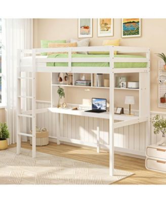Twin Size Loft Bed with Desk & Shelves Safety Guardrails & Ladder Storage