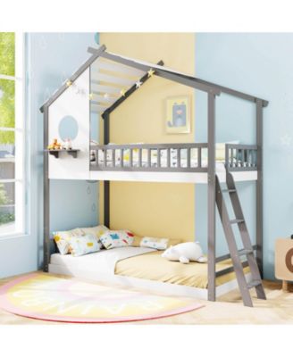 Twin over Twin House Bunk Bed with Roof Ladder & Full-length Guardrails for Kids