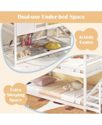 Twin House Bunk Bed with Stairs Roof Rails & Window Full-length Guardrails