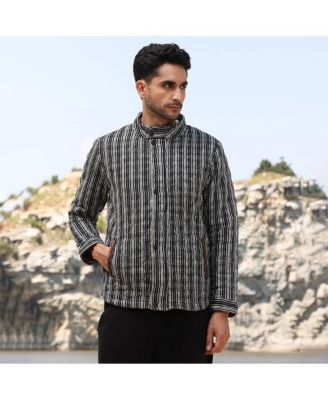 Men's Midnight Black Woven-Striped Quilted Jacket