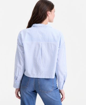 Women's Cropped Drawstring Button-Front Shirt