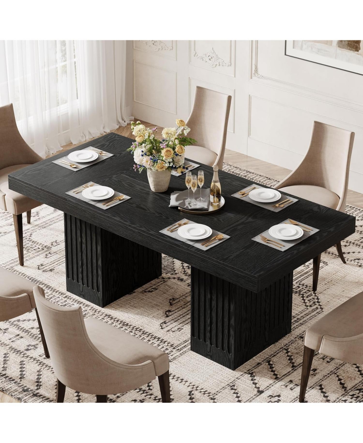 Tribesigns Dining Table for 4-6 People, 63 Inch Modern Rectangle Kitchen Table with Pedestal Base, Large Dinner Furniture, Black