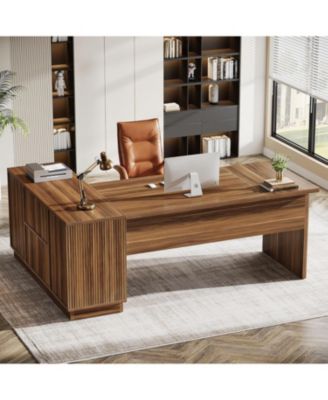 70.8-Inch Fluted Executive Desk with File Cabinet, L-Shaped Office Desk with Storage Shelves, Large Modern Computer Desk