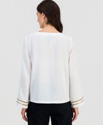 Women's Ladder-Trim Crinkle Gauze V-Neck Top