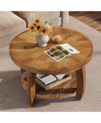 Solid Wood Round Coffee Table, 2-Tier Center Table with Storage, 31.5 Inch Wood Tabletop with Mosaic Pattern, Easy Assembly