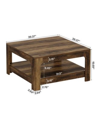 Square Coffee Table for Living Room, 39.4-Inch Large Farmhouse Wooden Center Tea Accent Table with 2-Tier Storage, Rustic Brown