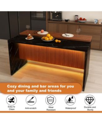 Modern Kitchen Island with Marble-Look Surface, LED Lights