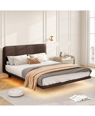 Floating Bed Frame w/LED, Modern PU Leather Platform Bed