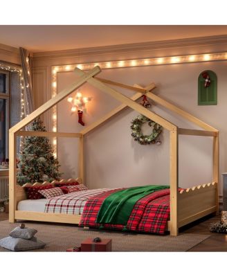 Streamdale Queen House Floor Bed with Solid Wood Frame for Kids, Natural