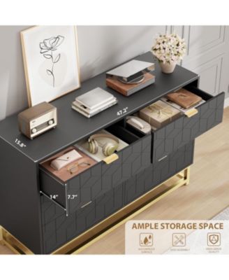 Black 6-Drawer Modern Double Dresser, Long Bedroom Storage Chest with Gold Handles for TV Area, Living Room, or Entryway