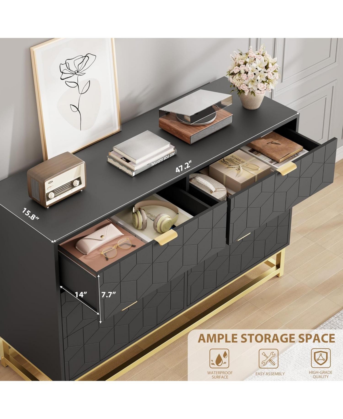 gaomon Black 6-Drawer Modern Double Dresser, Long Bedroom Storage Chest with Gold Handles for Tv Area, Living Room, or Entryway