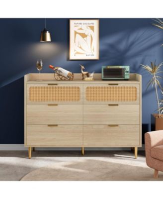 6-Drawer TV Stand Dresser with Railed Edge, Mid Century Modern Gold-Leg Rattan Design, Double Dresser Storage Organizer