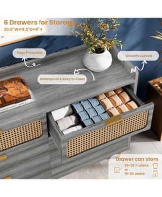 6-Drawer TV Stand Dresser with Railed Edge, Mid Century Modern Gold-Leg Rattan Design, Double Dresser Storage Organizer