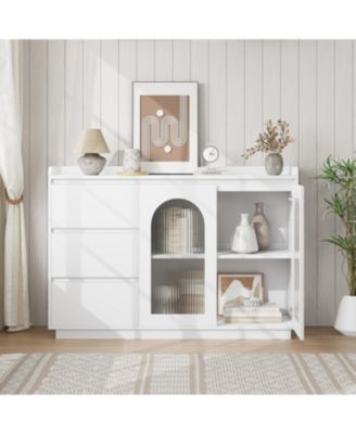 Sideboard Buffet Cabinet with Glass Door, Modern Storage Cabinet with Led Lights, 3 Drawers and Adjustable Shelves