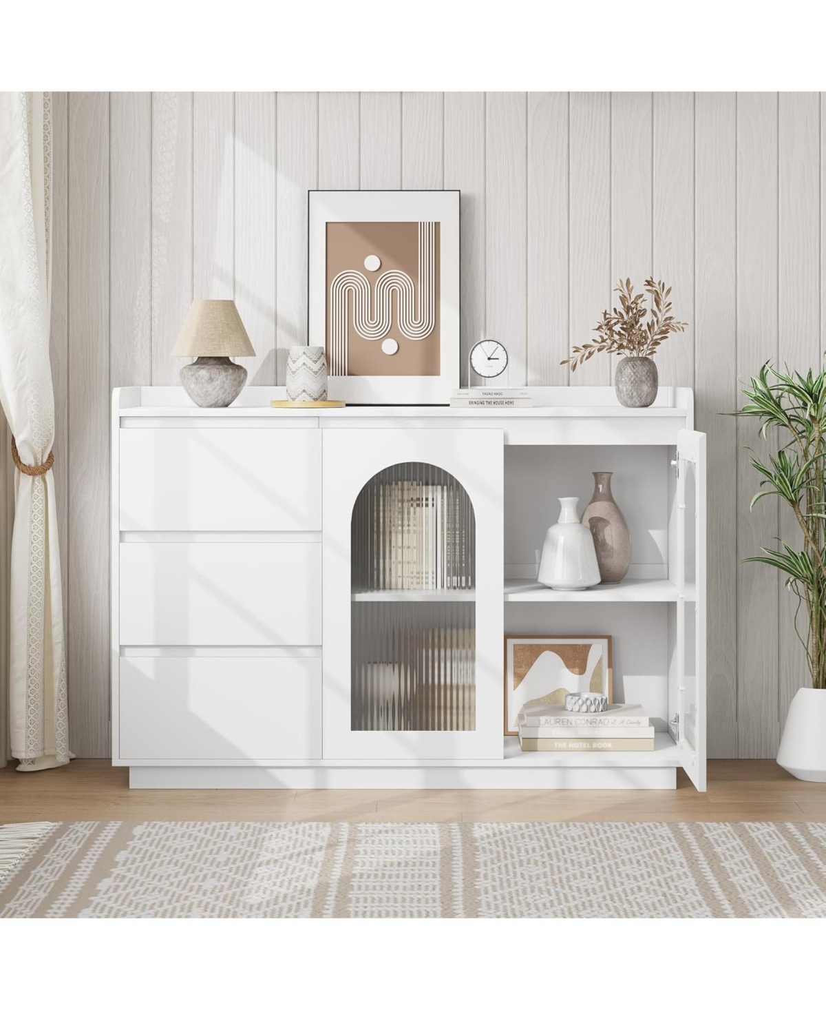 gaomon Sideboard Buffet Cabinet with Glass Door, Modern Storage Cabinet with Led Lights, 3 Drawers and Adjustable Shelves