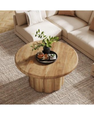 31.5" Round Coffee Table for Living Room, Farmhouse Circle Center Cocktail Table with Fluted Drum Base, Wooden Living Room Furniture