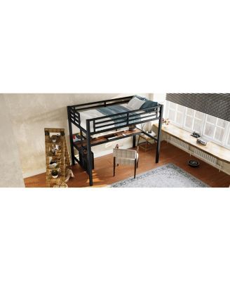 Metal Loft Bed with Power Outlet & LED Light, Black