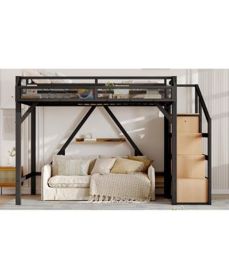 Twin XL Loft Bed with Storage Stairs, Shelves, Wardrobe, USB, LED Lights