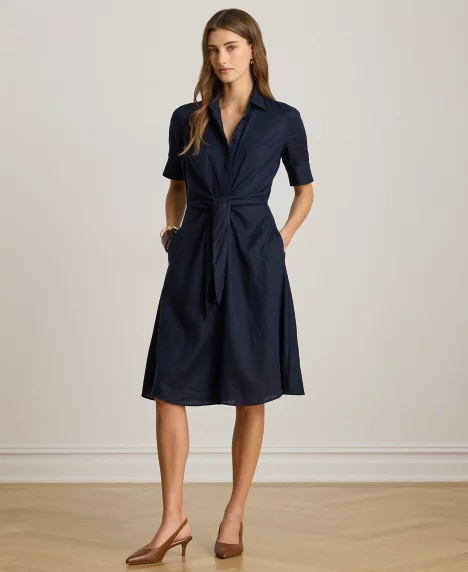 Petite&nbsp;100% Linen Shirt Dress - Lauren Navy