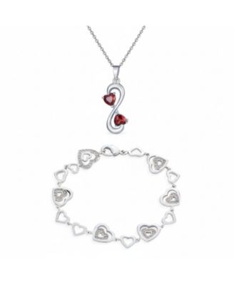 Romantic Red Infinity Heart Necklace and CZ Multi-Heart Bracelet Jewelry Set Sterling Silver