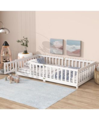Twin Floor Bed with Fence & Door, White