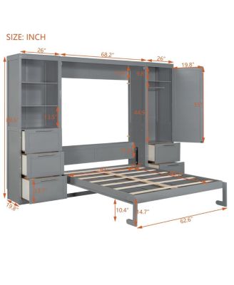 Queen Size Murphy Bed Wall Bed with Closet, Drawers and Shelves, Gray