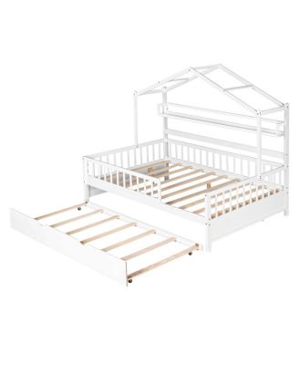 Wooden Full Size House Bed with Twin Size Trundle, Kids Bed with Shelf